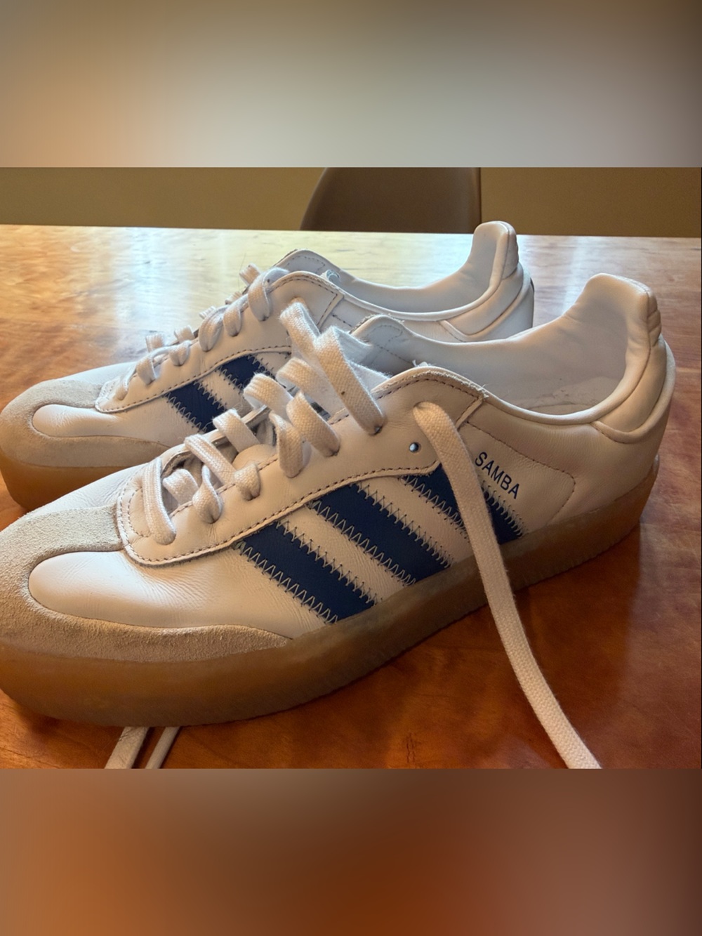 adidas Samba Sneakers - White with Navy Stripes and Gum Sole
